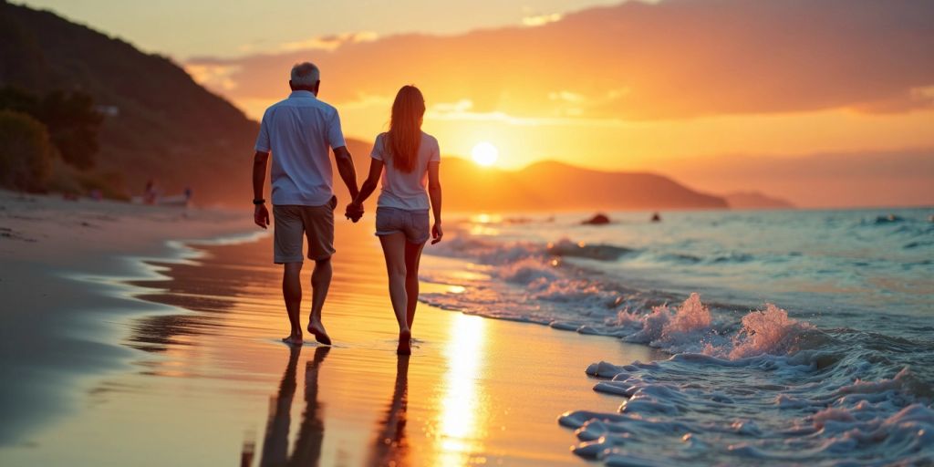 Couple walking on beach at sunset