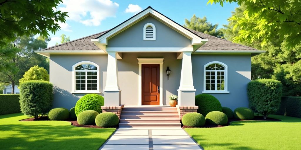 A welcoming home with greenery and a clear sky.