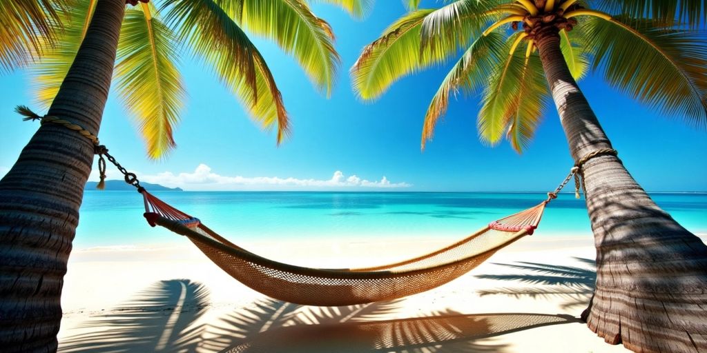 Beach scene with hammock and palm trees