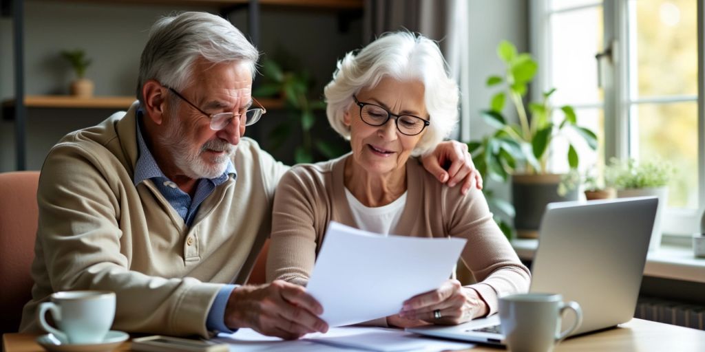 Elderly couple reviewing medical documents at home.