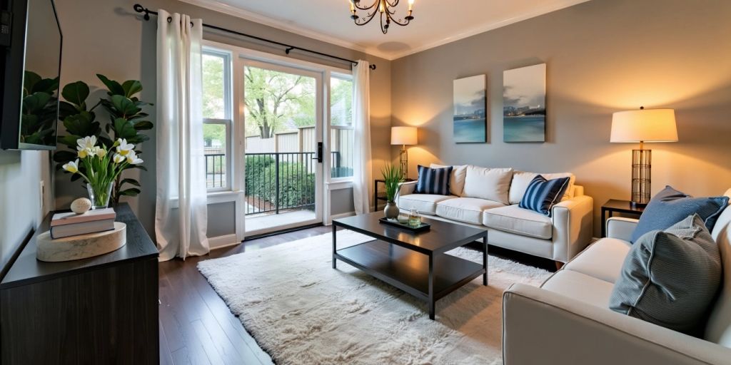 Modern living room with stylish furniture and elegant lighting.