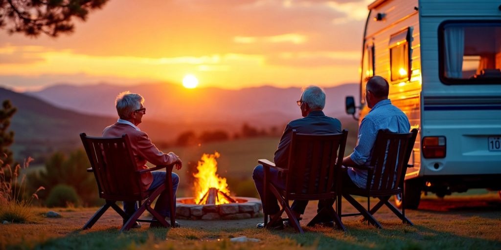 Retired couple by campfire with RV at sunset.