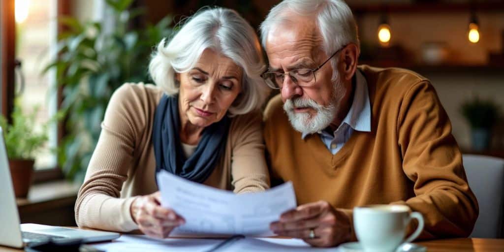 Elderly couple planning healthcare costs at a table.