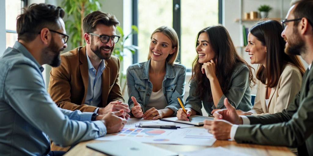 Group of people in a modern office discussing finances.