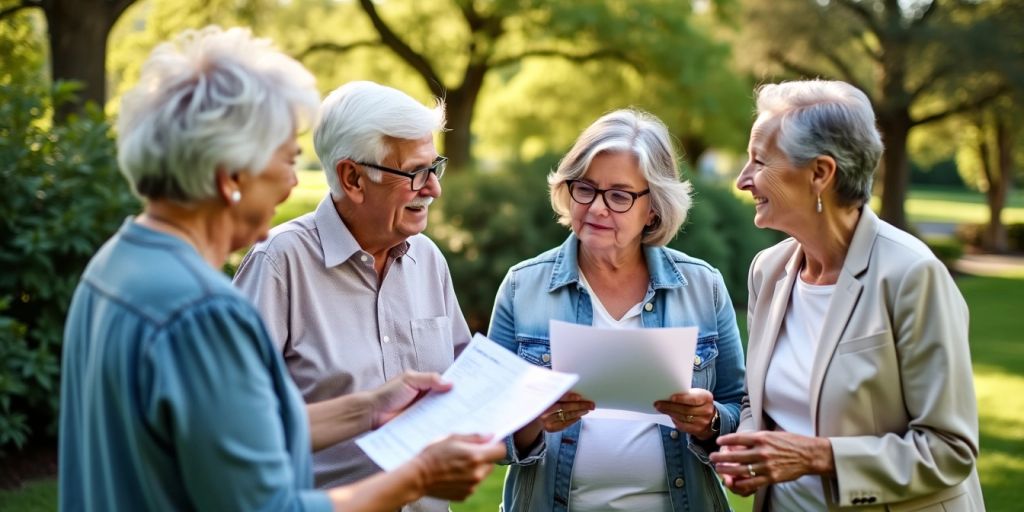 Group of seniors discussing retirement strategies outdoors.