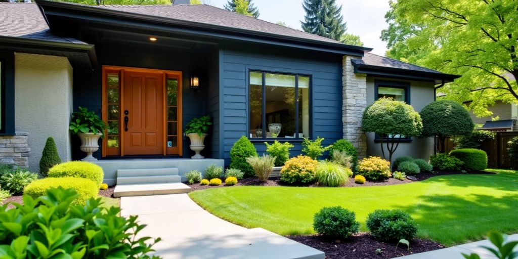 Modern home with vibrant landscaping and welcoming entrance.