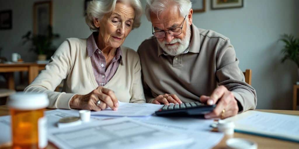 Elderly couple reviewing medical bills.