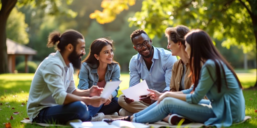 Group of people discussing financial strategies outdoors.