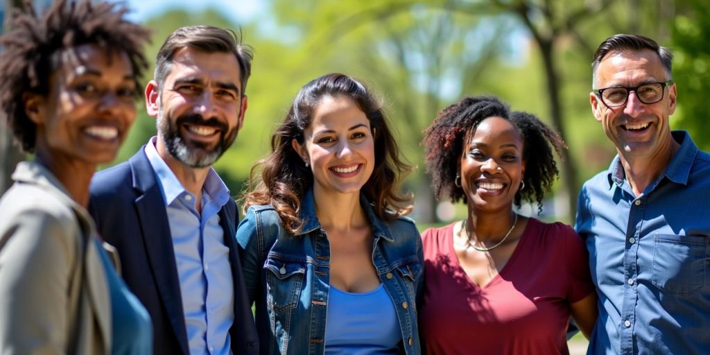 Diverse federal employees smiling in a sunny outdoor setting.