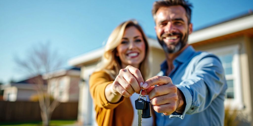 Happy couple with keys in front of house