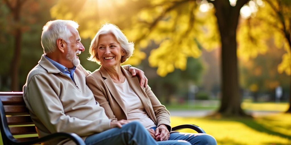 Elderly couple enjoying a sunny day in the park.