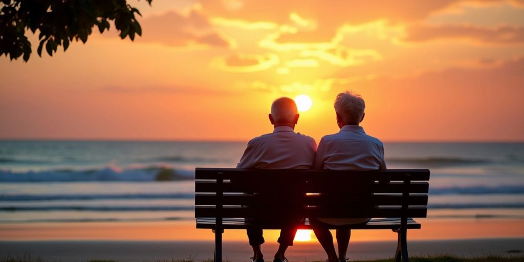 Elderly couple on bench at sunset beach