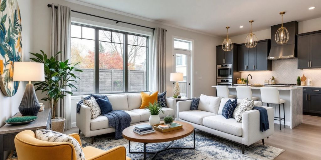 Modern living room with vibrant decor and natural light.