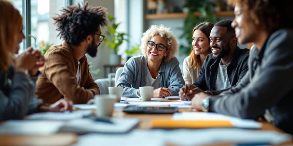 Diverse employees collaborating in a retirement education workshop.