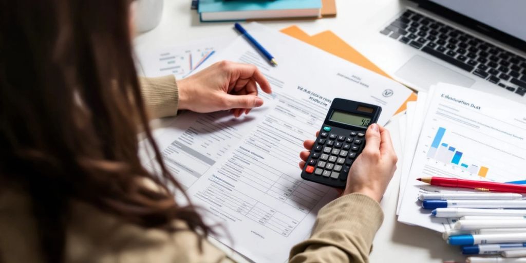 Person managing finances with documents and a calculator.