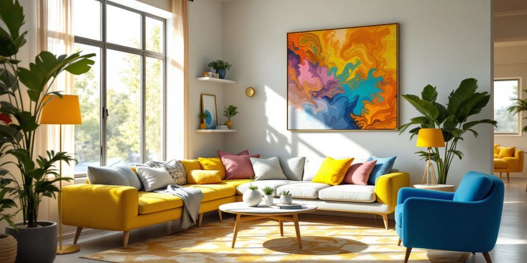 Modern living room with vibrant decor and natural light.