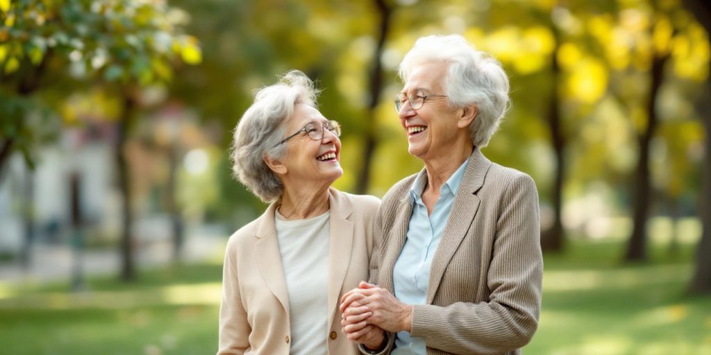 Elderly couple in park exuding happiness and security.