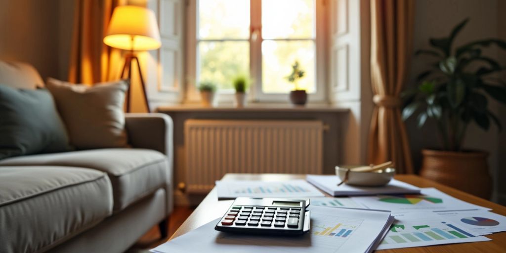 Cozy living room with calculator and financial documents.