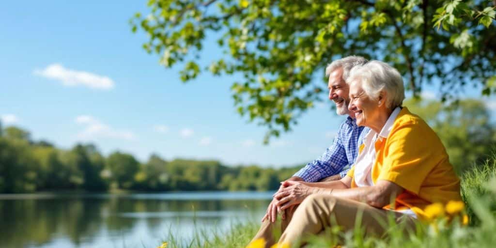 Couple relaxing by a lake in retirement.