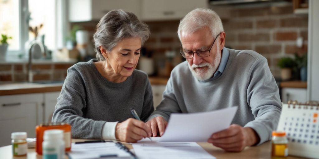 Elderly couple discussing health insurance options at home.