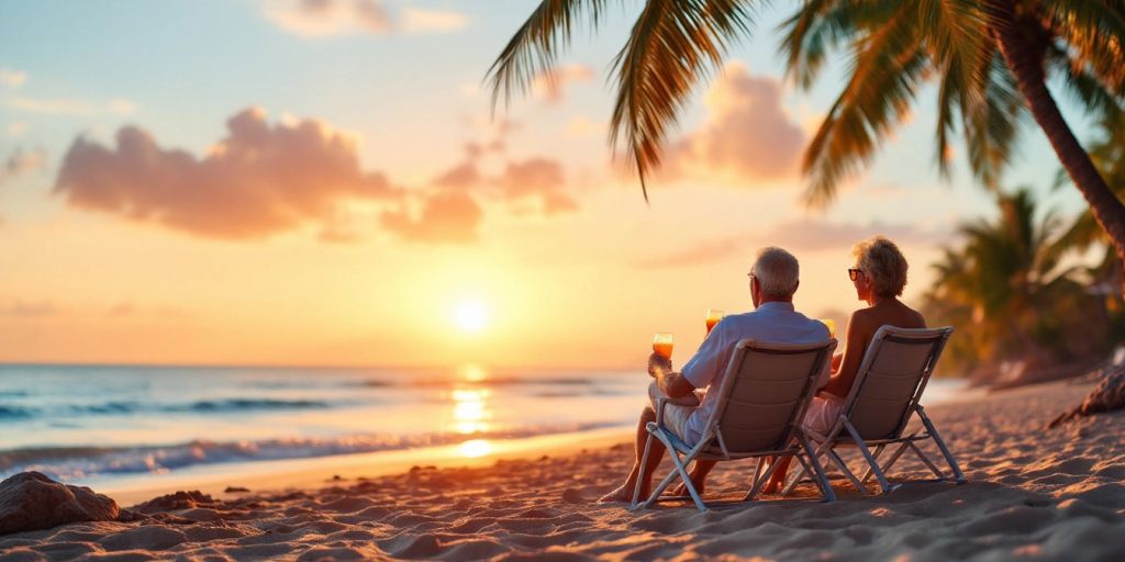 Retired couple relaxing on a beach at sunset.