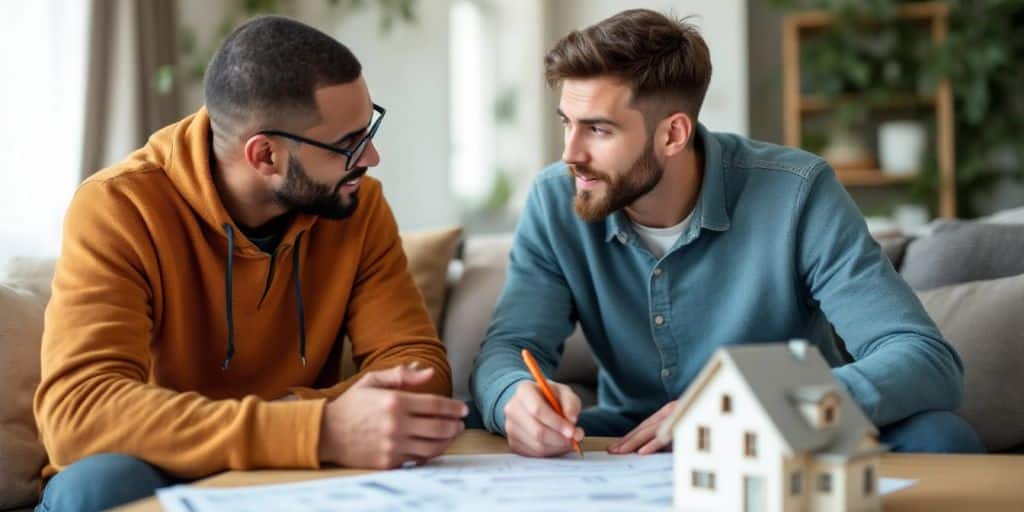 Couple discussing mortgage options in a living room.