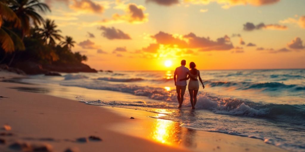 Couple enjoying a sunset on a beach during retirement.