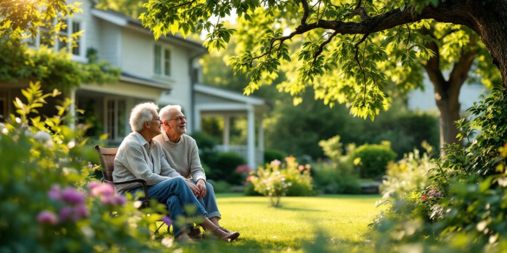 Couple discussing retirement finances in a peaceful outdoor setting.