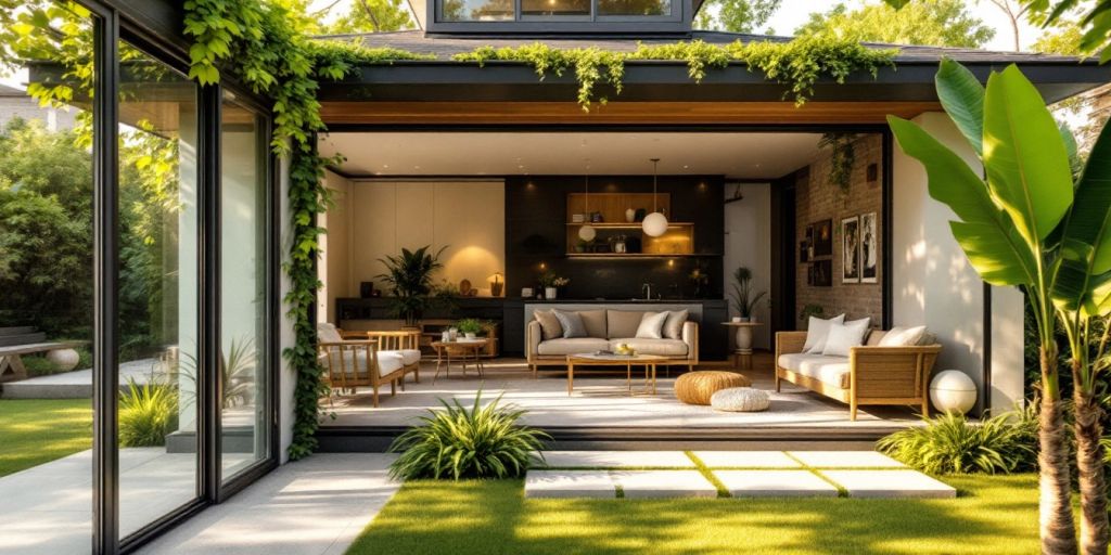 Modern bungalow addition with greenery and large windows.