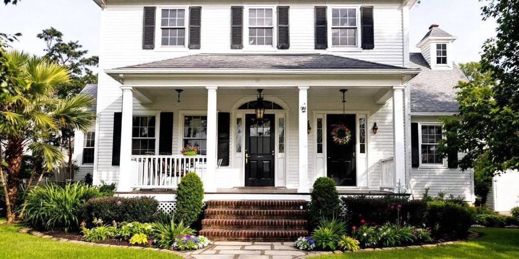 Remodeled colonial home with white siding and black shutters.