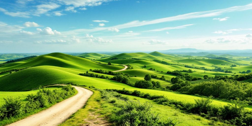 Peaceful landscape with hills and a clear sky.