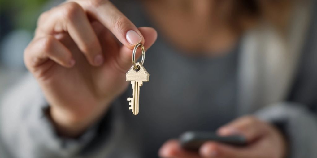 Hand holding a house key against a blurred background.