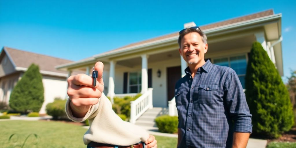 Happy homeowner holding keys outside their house.