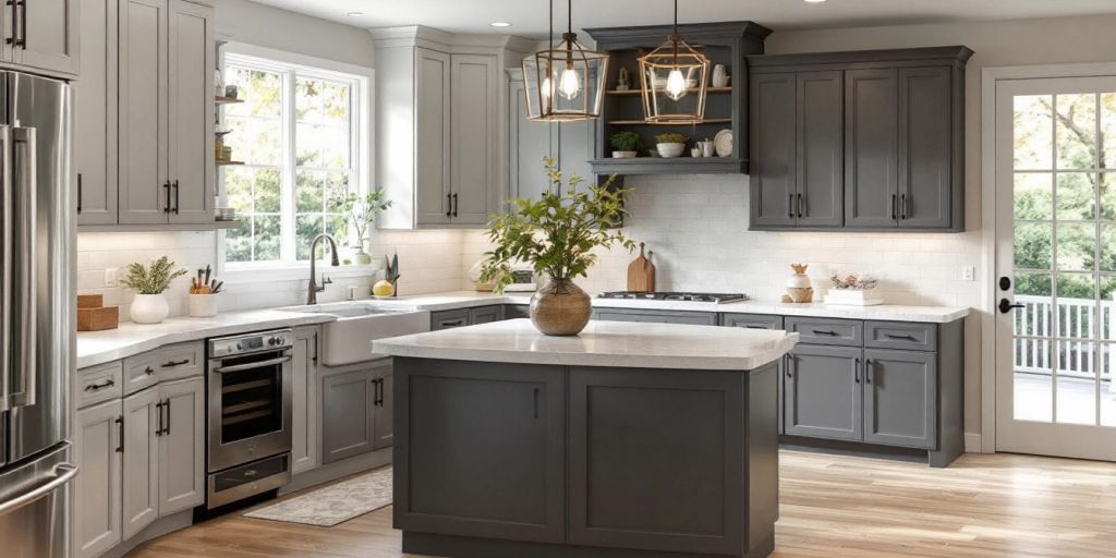 Renovated kitchen with modern design and bright lighting.