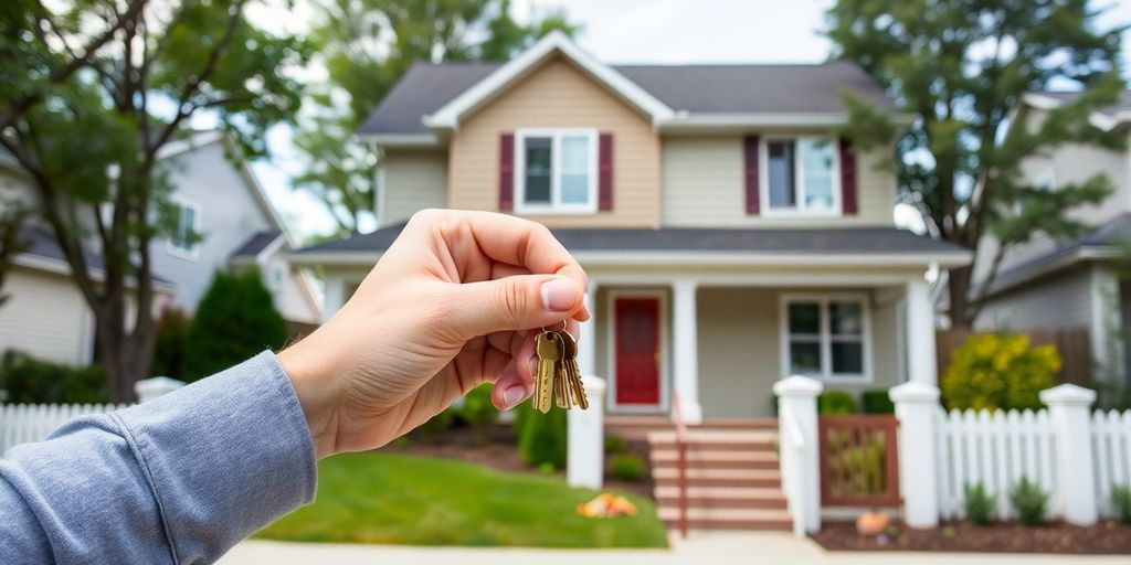 Person with keys in front of a new house.