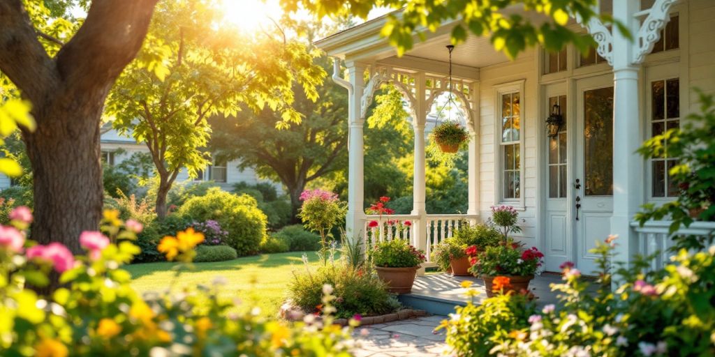 Cozy home with a beautiful garden and bright sunlight.