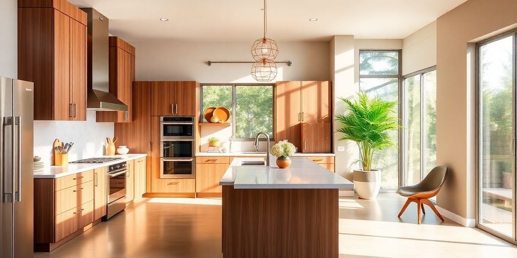 Modern bungalow kitchen with sleek cabinets and bright decor.