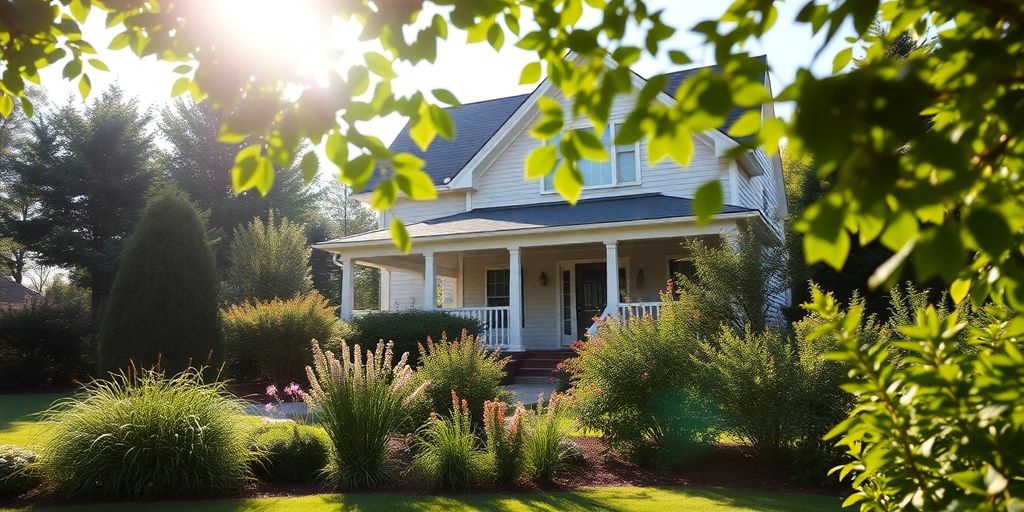 A cozy home with lush greenery and sunlight.