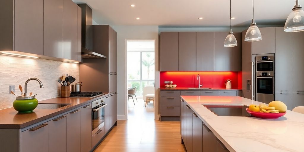 Modern kitchen with sleek cabinets and stylish countertops.