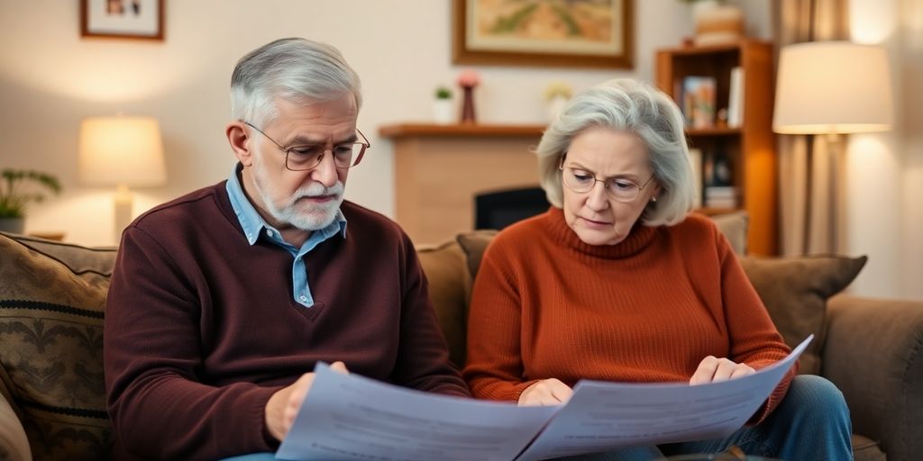 Elderly couple discussing financial documents in a cozy home.