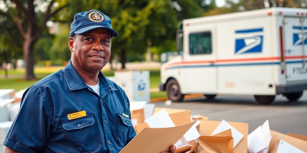 Postal worker with mail truck and packages in background.