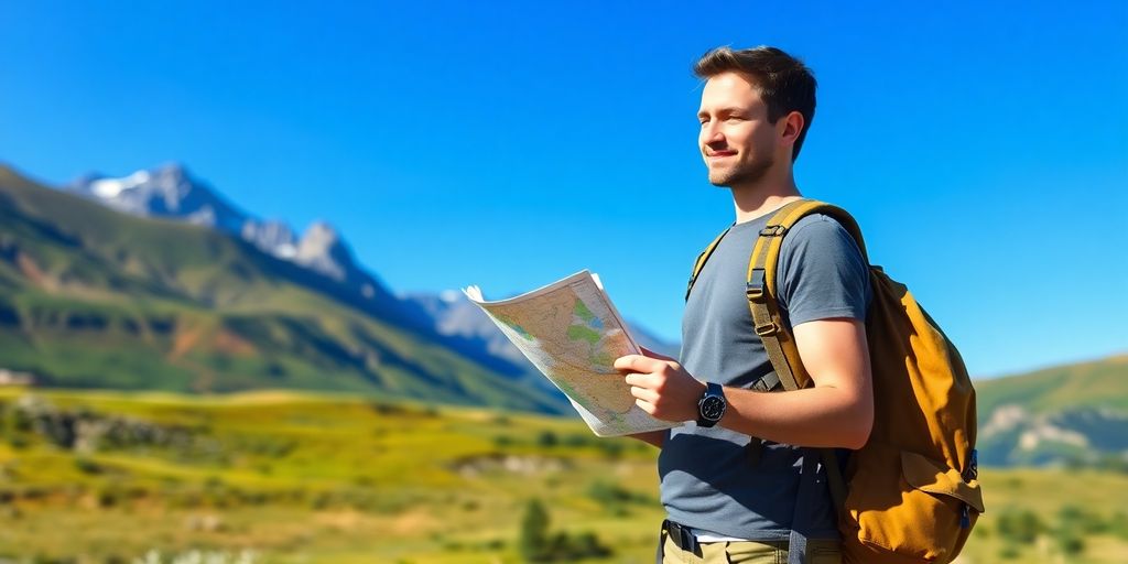 Traveler checking expenses in a beautiful landscape.