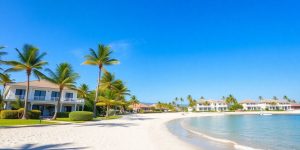 Luxurious beachside retirement villas with palm trees.