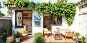 Stylish small house makeover with greenery and outdoor space.