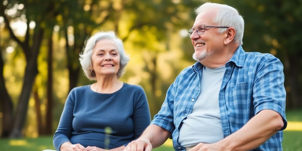 Older couple enjoying retirement in a peaceful outdoor setting.