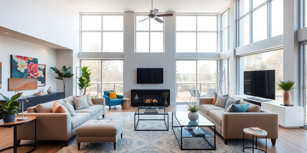 Renovated living room with modern furniture and natural light.