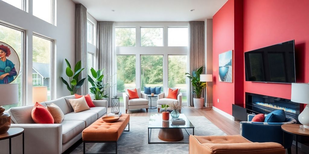 Modern living room with vibrant decor and natural light.