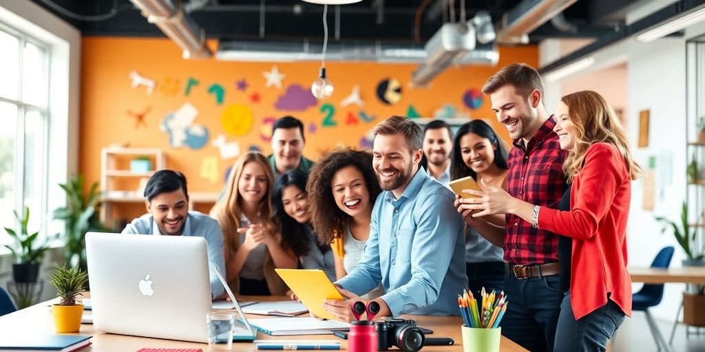 Diverse team collaborating in a vibrant workspace.