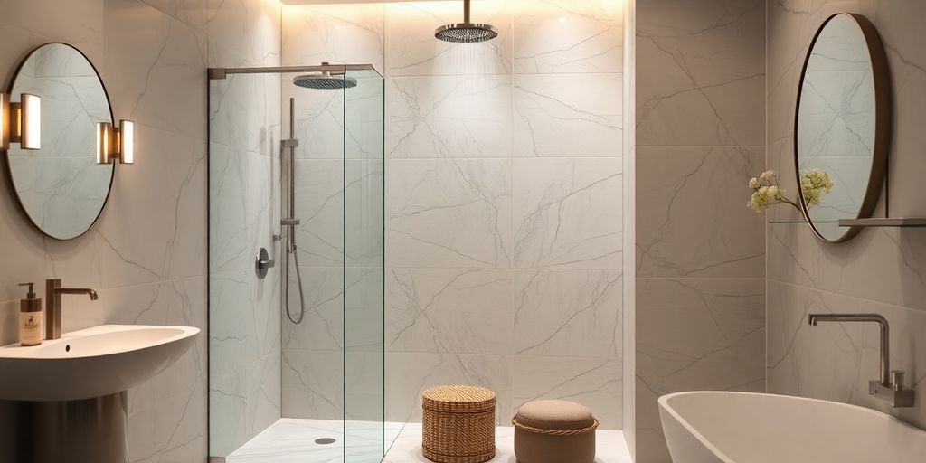 Modern bathroom with a sleek new shower design.