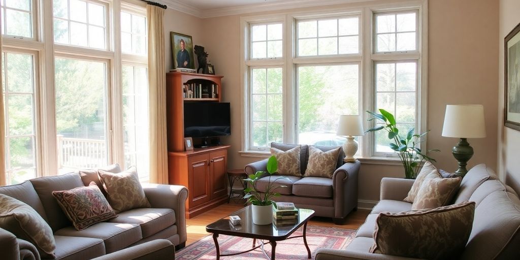 Warm living room with natural light and cozy decor.